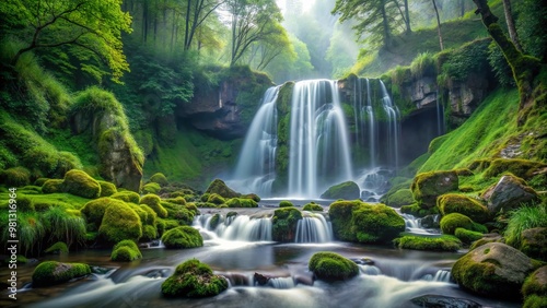 Majestic waterfall cascades down moss-covered rocks, surrounded by lush greenery and misty atmosphere, creating a serene and peaceful natural wonder in the wilderness.