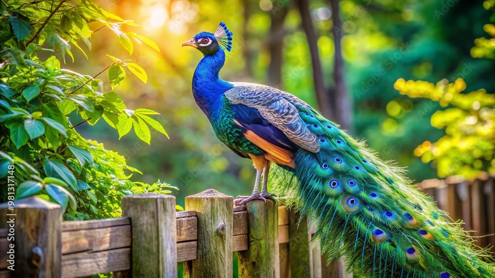 Obraz premium Vibrant blue peacock perches on a weathered wooden fence, its stunning iridescent feathers glistening in the warm sunlight, surrounded by lush green foliage.