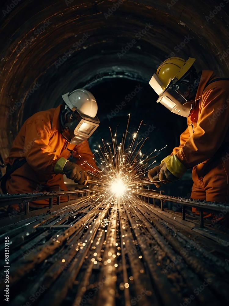 Crew securing steel reinforcements in a tunnel with sparks from welding tools. Crew securing steel reinforcements in a tunnel with sparks from welding tools.