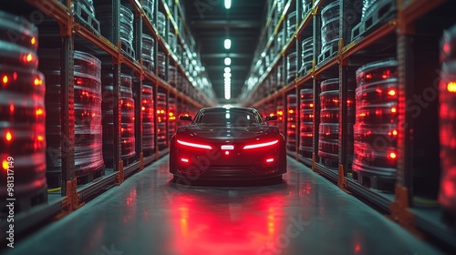 Advanced AI-driven AMRs navigating a modern warehouse in low-light conditions