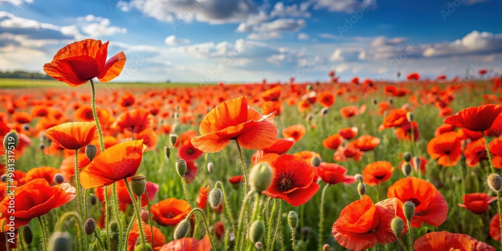Fototapeta premium Poppy flowers in field with space for text, Poppy, flowers, field, red, nature, beauty, blooming, petals, landscape