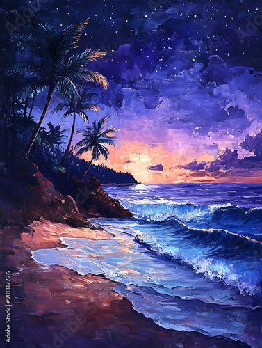Serene Evening at Tropical Beach with Starry Sky