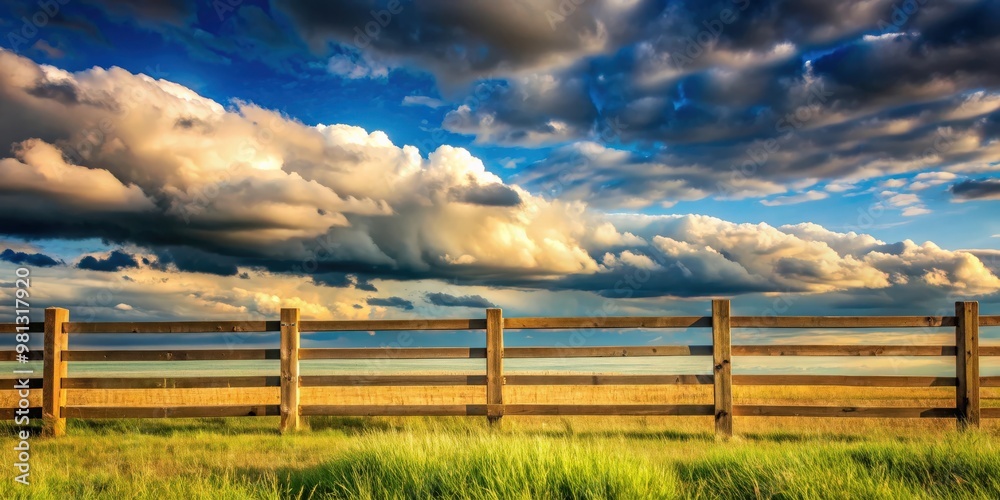 Fototapeta premium Wooden fence standing tall with the backdrop of a cloudy sky , security, boundary, privacy, outdoors, rustic, natural