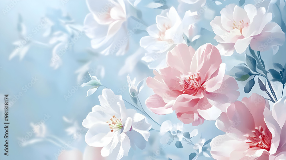 Soft Pink and White Flowers Bloom on a Blue Background Soft Pink and White Flowers Bloom on a Blue Background