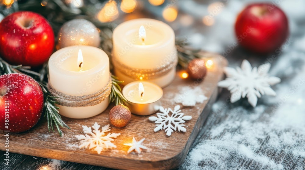 Festive candles, red apples, and snowflake ornaments arranged on a rustic wood table, evoking warm holiday cheer and cozy winter celebrations.