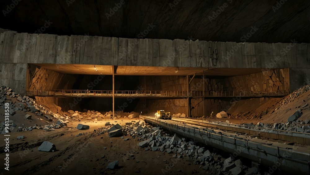 Cross-section view of tunnel construction showing rock layers, steel reinforcements, and work zones. Cross-section view of tunnel construction showing rock layers, steel reinforcements, and work zones.