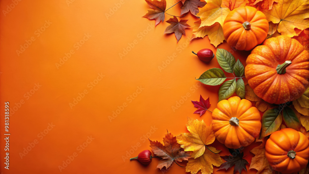 Pumpkin and leaves border on orange background, pumpkin, leaves, border, autumn, harvest, seasonal, decoration, fall Pumpkin and leaves border on orange background, pumpkin, leaves, border, autumn, harvest, seasonal, decoration, fall