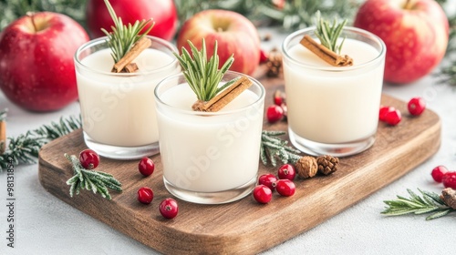 Festive candles, red apples, and snowflake ornaments arranged on a rustic wood table, evoking warm holiday cheer and cozy winter celebrations.