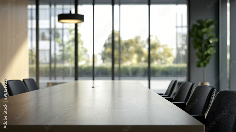 Fototapeta premium Empty conference room with a large table and black office chairs facing a large window with a view of trees