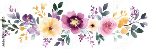 This exquisite watercolor floral bouquet, abundant in vibrant colors and intricate leaves, is perfect for wedding invitations, captivating greeting cards, and joyful spring celebrations that inspire