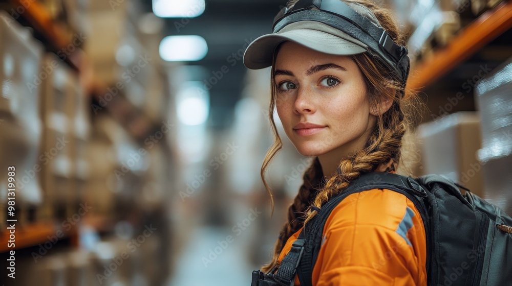 Young warehouse worker utilizing an exoskeleton for efficiency and safety during a busy day Young warehouse worker utilizing an exoskeleton for efficiency and safety during a busy day