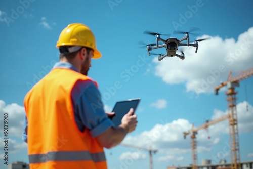 construction worker man standing with drone and factory in background, generative AI