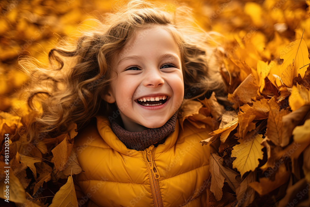 happy little girl in autumn forest playing with falling leaves. Generative Ai happy little girl in autumn forest playing with falling leaves. Generative Ai