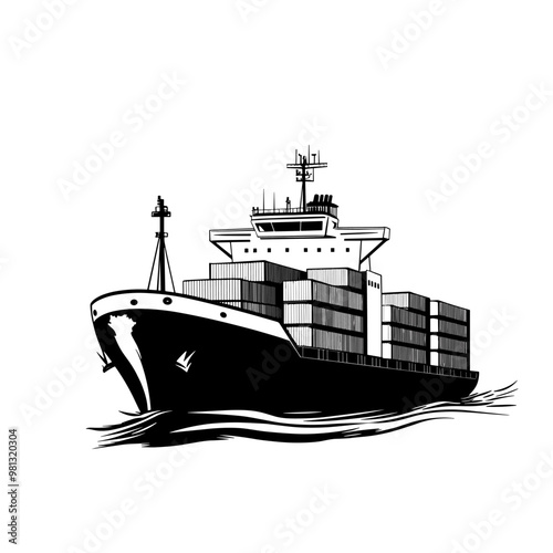 vector silhouette of a ship with containers on a white background .Generative AI