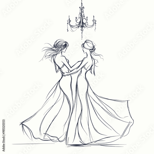 vector two girls in dresses dancing simple lines on white background .Generative AI