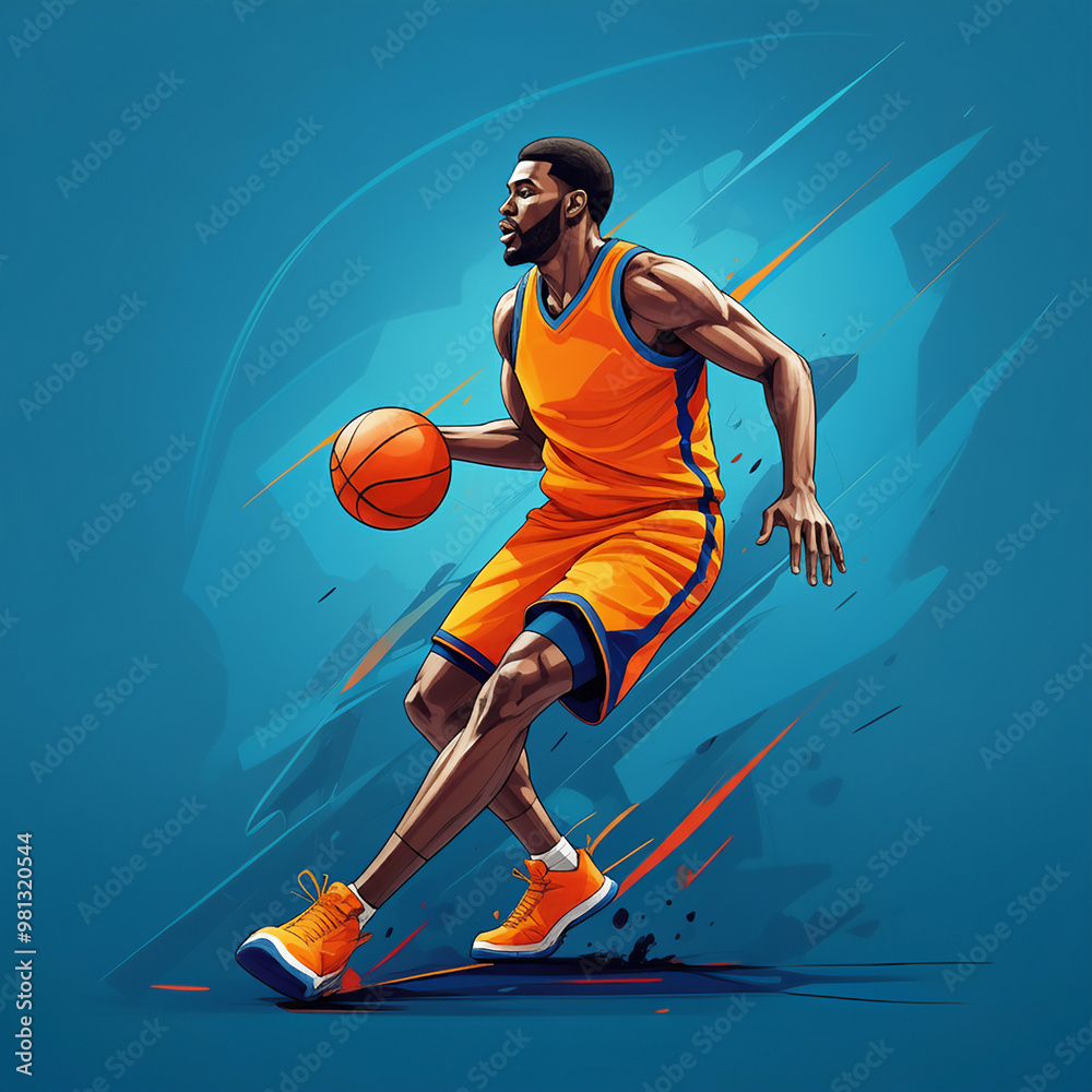 A basketball player against a blue background.