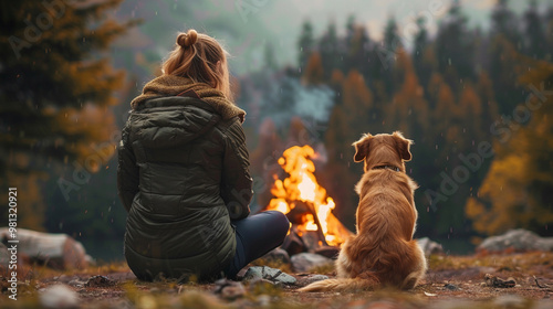 Back view of a woman and a dog sitting by a campfire