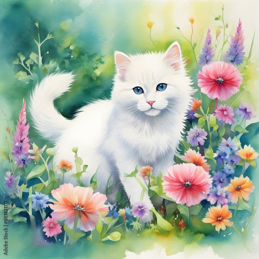 White kitten and flowers watercolor style White kitten and flowers watercolor style