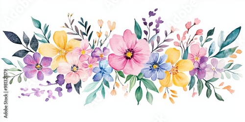 This vibrant watercolor illustration of wildflowers in pinks, blues, and yellows is perfect for weddings, birthdays, and naturethemed invitations, adding life and color to any occasion