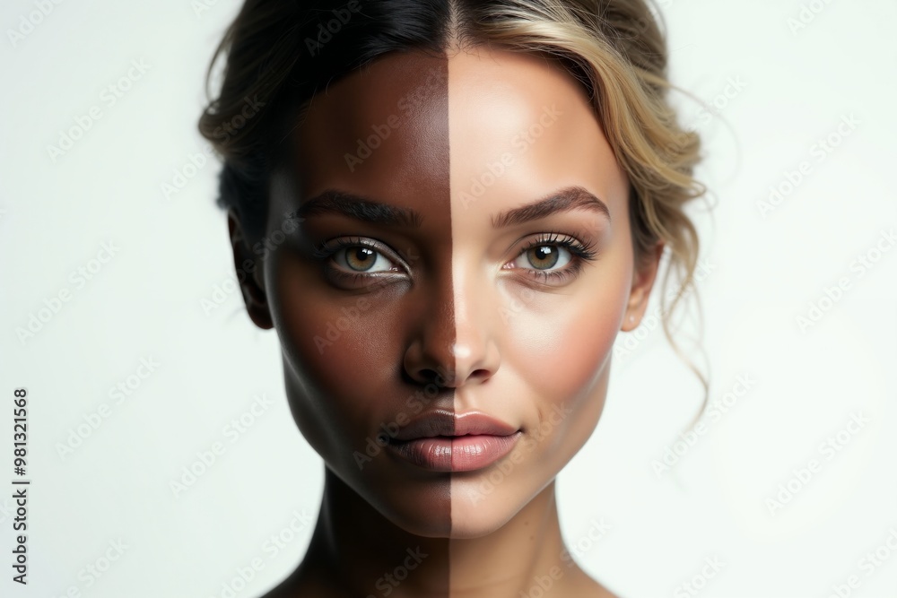 Naklejka premium close up of woman person face with different color of skin white and black , generative AI