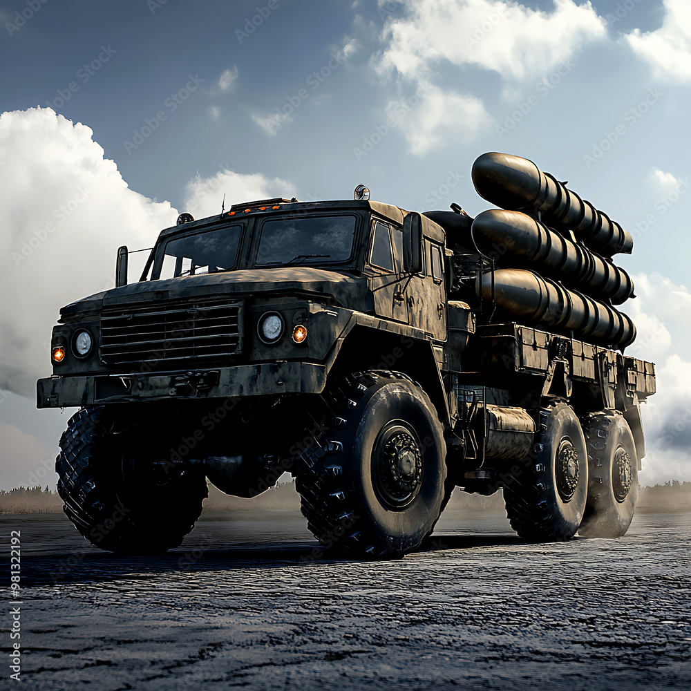 A military vehicle traveling down an empty road while carrying a missile. A military vehicle traveling down an empty road while carrying a missile.