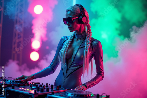 D.J. woman standing in concert hall with smoke and colorful light enjoy music festival , generative AI