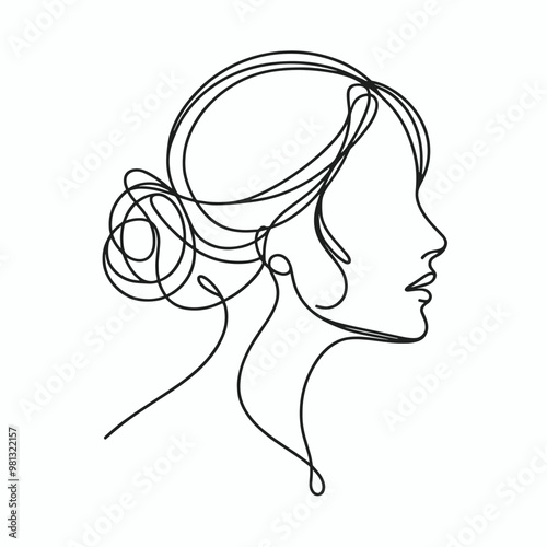 A woman's head with a bun on top of it. The bun is very curly and the hair is very long