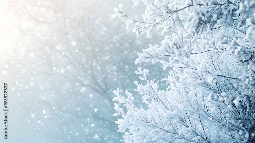 A winter theme, showcasing a serene snowy landscape with snow-covered trees, soft falling snowflakes, and a cool, frosty atmosphere. The colors are dominated by shades of white, blue, and grey.