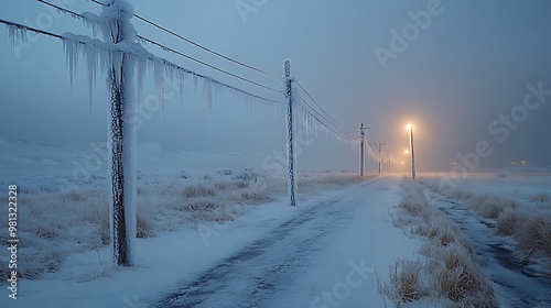 A snow-covered road lined with frost-covered power poles and a lone street lamp illuminating the mist in the distance.