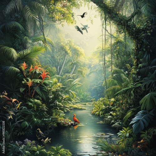 A tranquil jungle scene with a river flowing through dense foliage, vibrant flowers, and birds flying overhead.