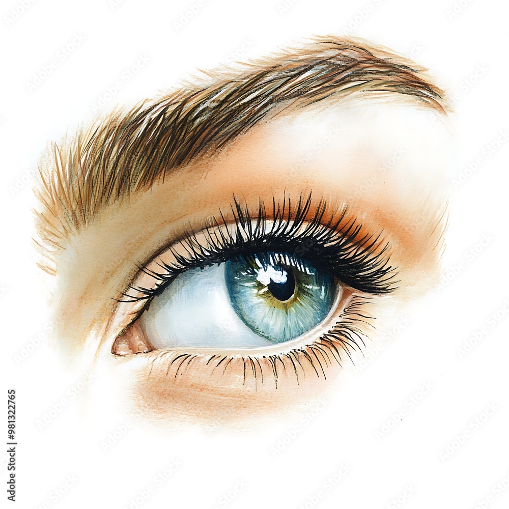 Watercolor Illustration of a Woman's Blue Eye with Eyebrow and Long Eyelashes. Watercolor Illustration of a Woman's Blue Eye with Eyebrow and Long Eyelashes.