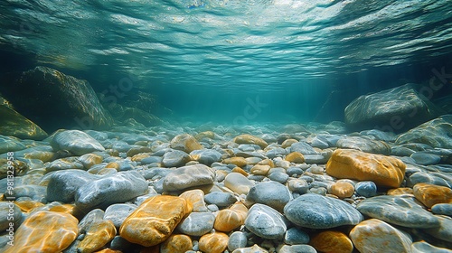 Underwater view of a rocky riverbed with sunlight shining through the water.