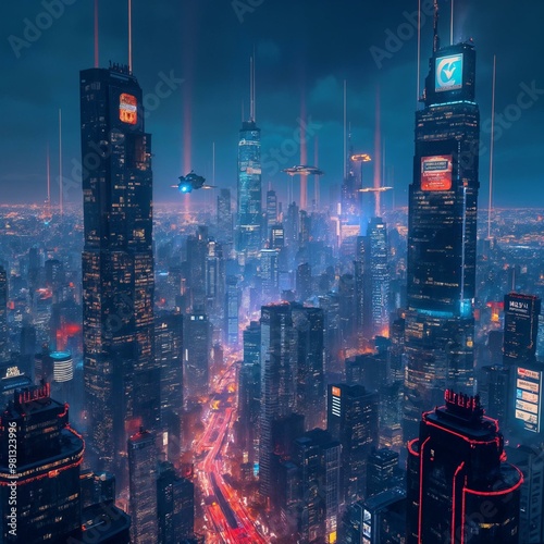 Futuristic Cityscape with Flying Cars and Neon Lights