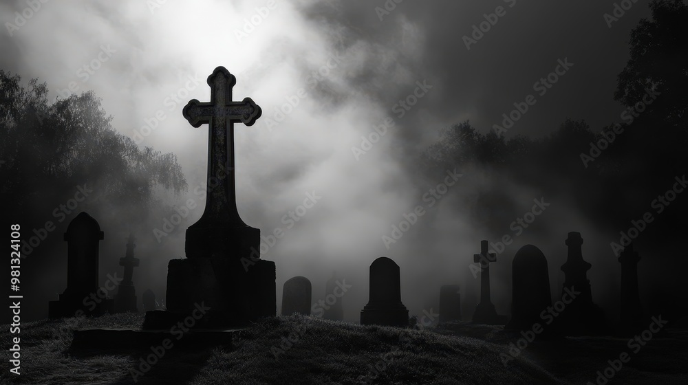 Halloween A cemetery at night with a large cross in the middle Halloween A cemetery at night with a large cross in the middle