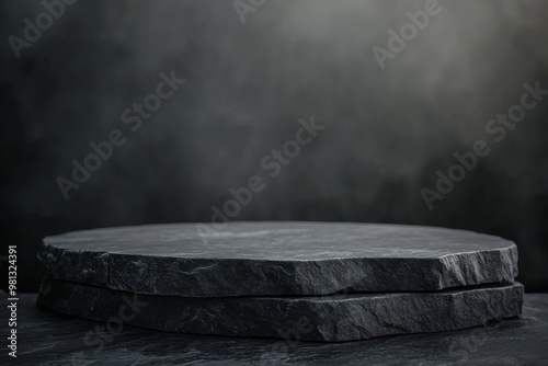 Elegant Serenity: A Smooth Black Stone Podium AgainstDark Misty Background