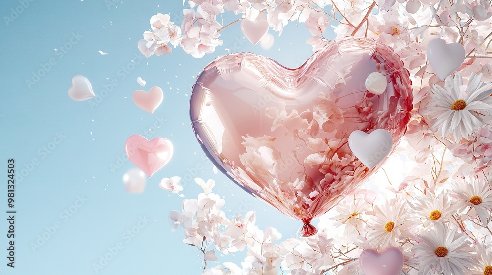 A heart-shaped balloon floats amidst a field of white daisies and pink heart-shaped balloons A heart-shaped balloon floats amidst a field of white daisies and pink heart-shaped balloons