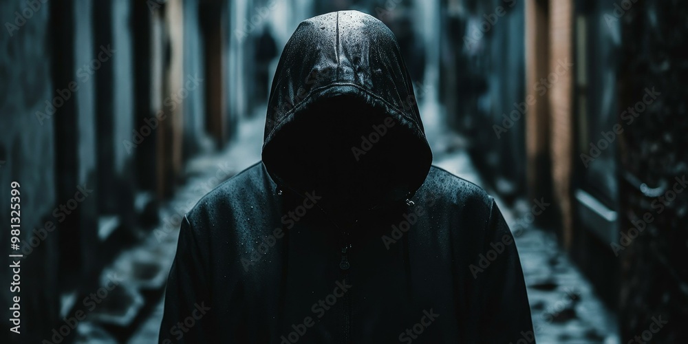 Hooded figure in dark alleyway, rain. Hooded figure in dark alleyway, rain.