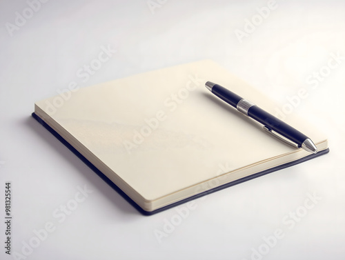 a sleek open notepad with a pen placed on a white background