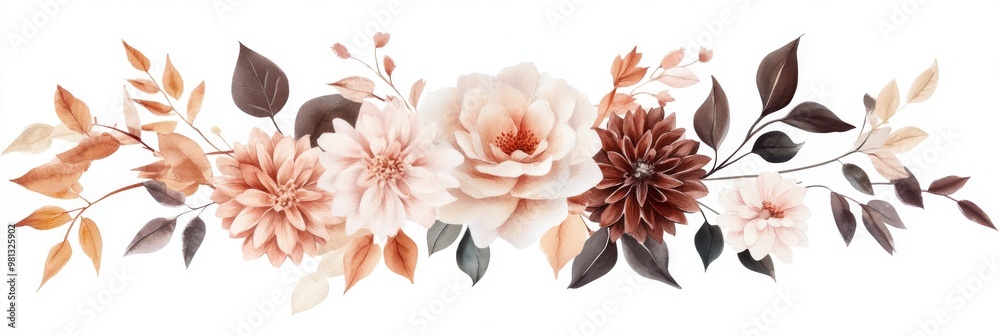 Obraz premium This beautiful watercolor illustration embodies an autumn wedding bouquet with peach and burgundy flowers, earthy tones, and delicate leaves, perfect for a romantic bohothemed celebration