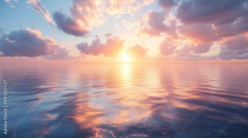 Fototapeta premium Sunset Reflection on Calm Ocean Waters with Pink and Blue Clouds