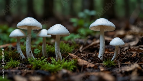 Delicate White Mushrooms on Forest Floor