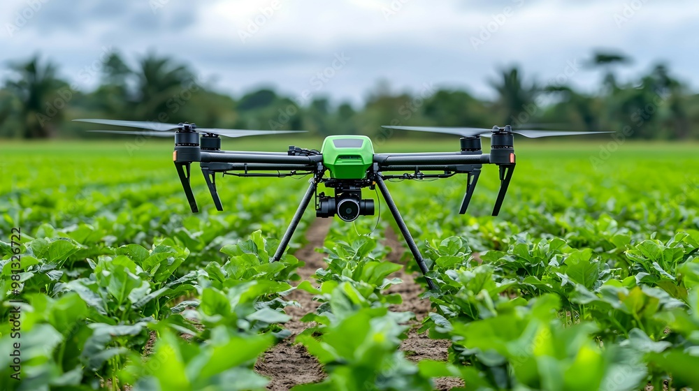 Drone Flying Over Green Crops in Agricultural Field Drone Flying Over Green Crops in Agricultural Field