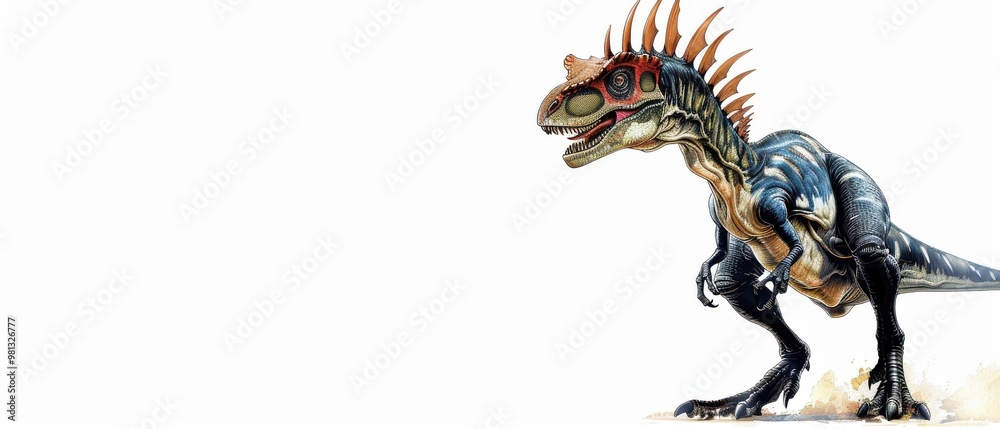 A dinosaur with a long neck and a long tail is standing on a white background A dinosaur with a long neck and a long tail is standing on a white background