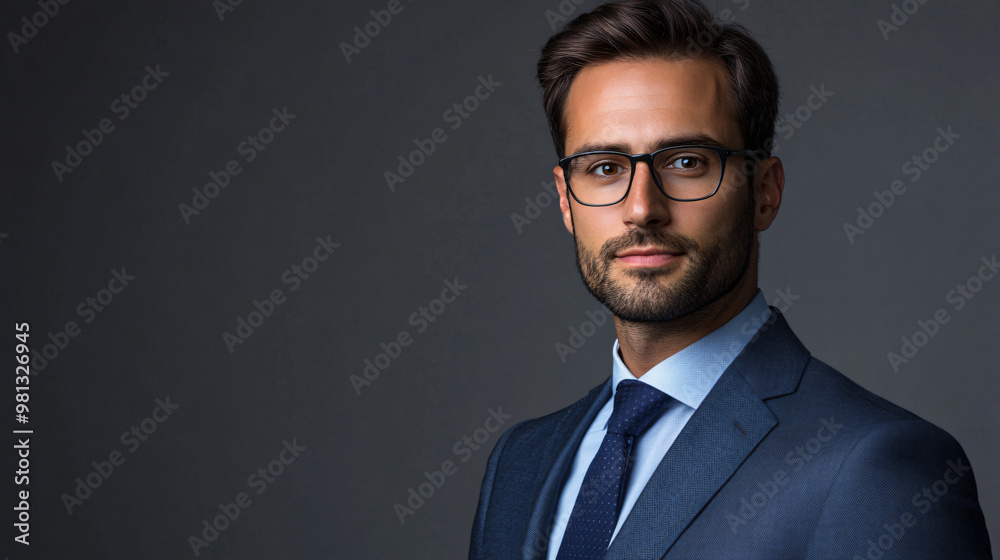 Confident businessman in a suit and glasses poses for a studio portrait against a grey background Confident businessman in a suit and glasses poses for a studio portrait against a grey background