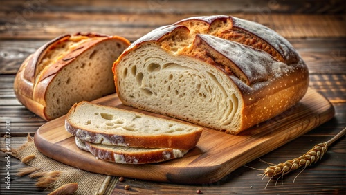 Artisan Bread on Wooden Cutting Board, Bakery-Style Bread Fresh from the Oven photo