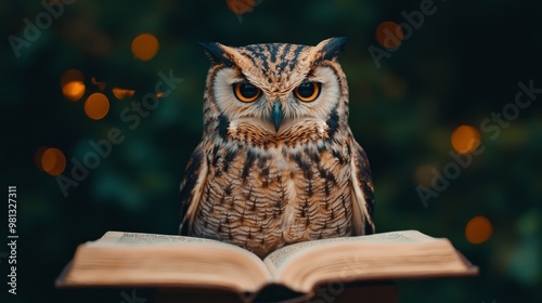 Wallpaper Mural Majestic Owl Perched on Open Book Amidst Bokeh Lights Torontodigital.ca