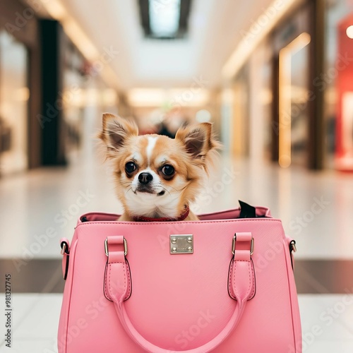 A chihuahua dog peeking out of a handbag in a shopping mall