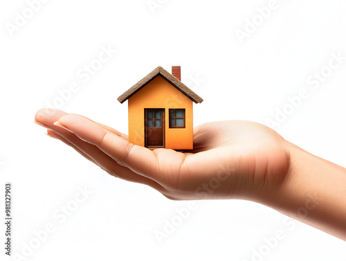 open hand holding a small house set against a white background