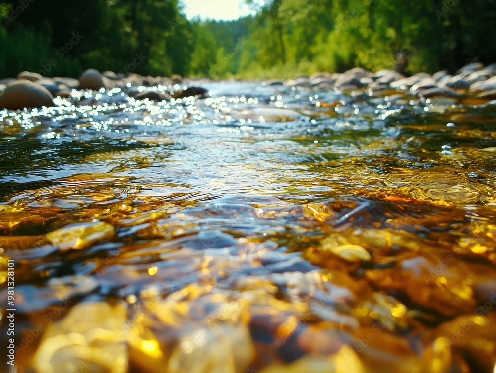 Fototapeta premium A serene river view showcasing clear water and colorful stones, surrounded by lush greenery and gentle sunlight.