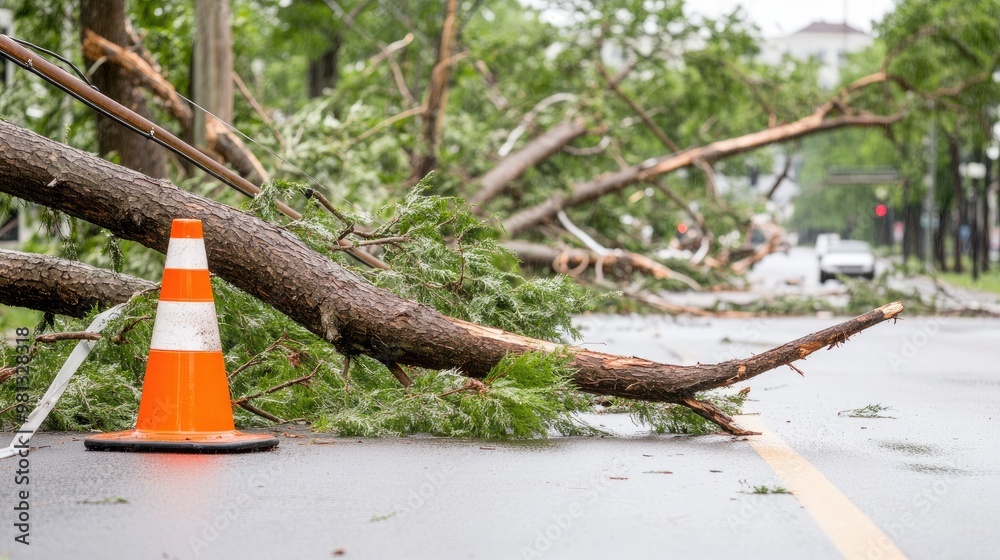 A traffic cone rests beside a downed power line on a cracked asphalt road, blocked by branches, showcasing the aftermath of a hurricane amid a green landscape and cloudy sky A traffic cone rests beside a downed power line on a cracked asphalt road, blocked by branches, showcasing the aftermath of a hurricane amid a green landscape and cloudy sky
